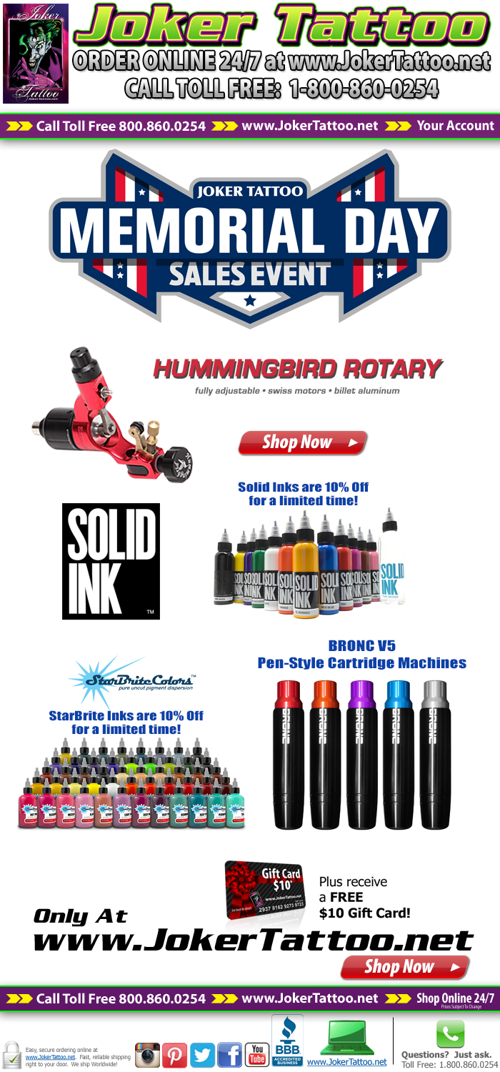 New Products at Joker Tattoo Supply! Plus, receive free ground shipping in the lower 48 US States (some products do not qualify for free shipping) and a FREE $10 Gift Card with your order!