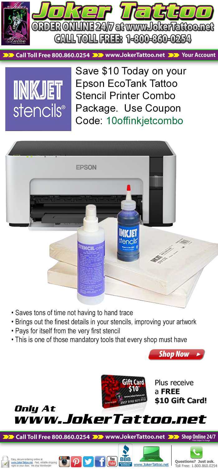 Save $10 on your InkJet Stencils Epson EcoTank Stencil Printing Combo System Today! Only at Joker Tattoo Supply!